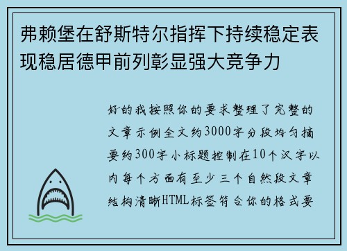 弗赖堡在舒斯特尔指挥下持续稳定表现稳居德甲前列彰显强大竞争力