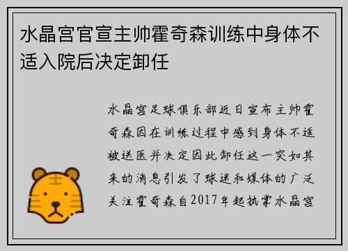水晶宫官宣主帅霍奇森训练中身体不适入院后决定卸任